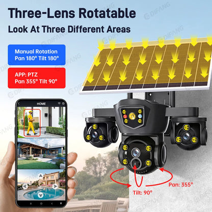 Cámara solar inalámbrica WiFi DIFANG V380 Pro para exteriores con tres pantallas, tarjeta SIM 4G y batería. Sistema de videovigilancia solar con tres lentes y batería.