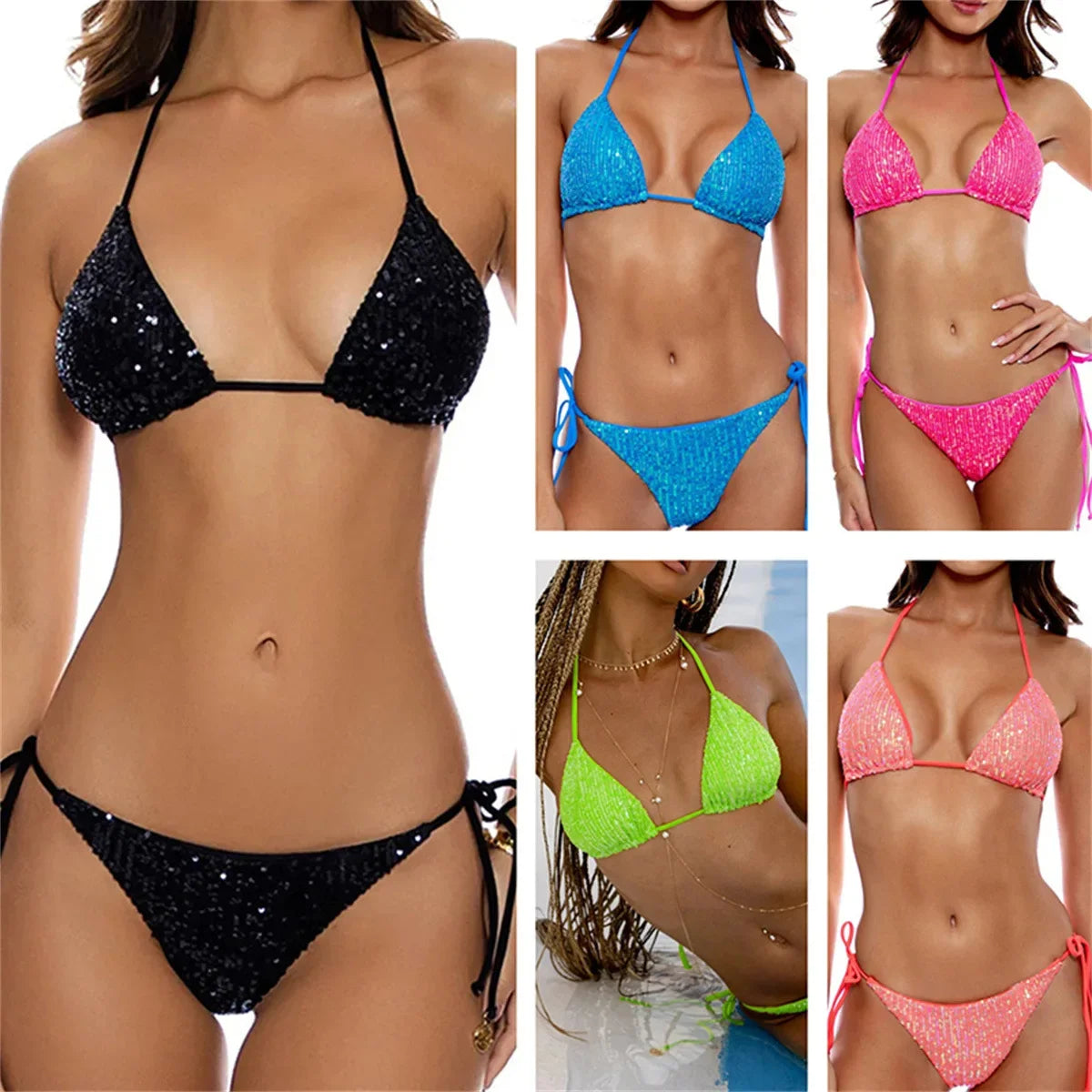 Bikini unicolor con purpurina, bañador sexy con cuello halter, traje de baño para mujer, conjunto de bikini con lentejuelas brillantes, ropa de playa, bikini brasileño