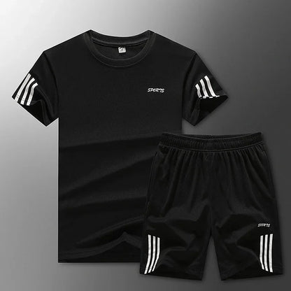 Conjunto de ropa deportiva de verano para hombre, camiseta y pantalones cortos de secado rápido, ropa deportiva para exteriores, talla grande, ligera, de producción china.