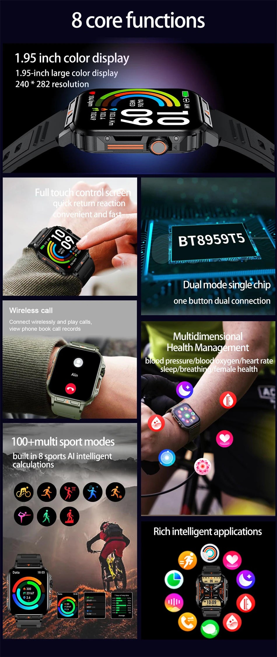 FOXBOX 2025 - Reloj inteligente para hombre y mujer, de 1,95 pulgadas, con Bluetooth, llamadas, IP68, resistente al agua, deportivo y de fitness
