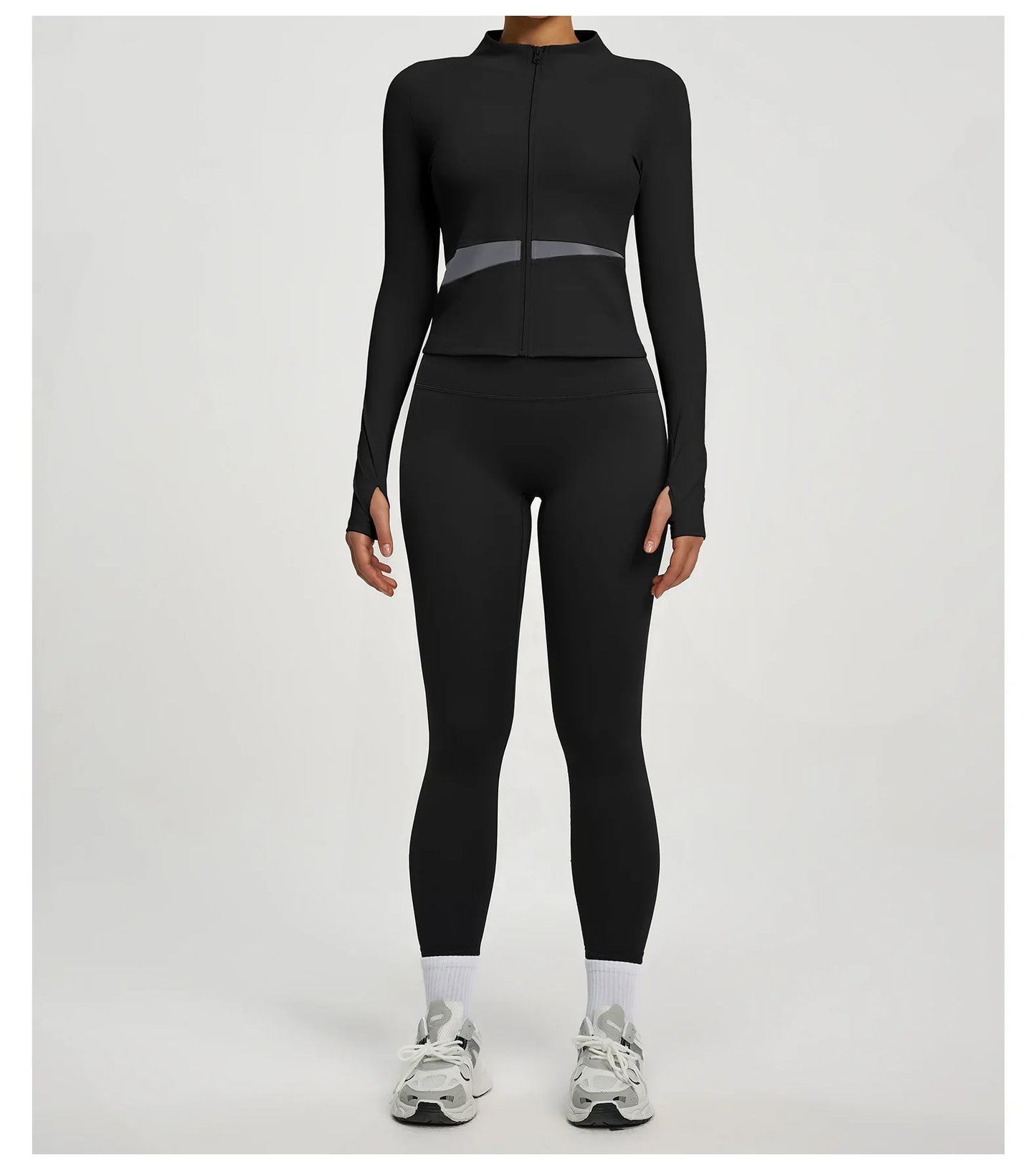 Conjuntos de yoga con contraste de colores para mujer, chaqueta deportiva de manga larga sin costuras con cremallera, leggings adelgazantes de cintura alta, chándal de fitness