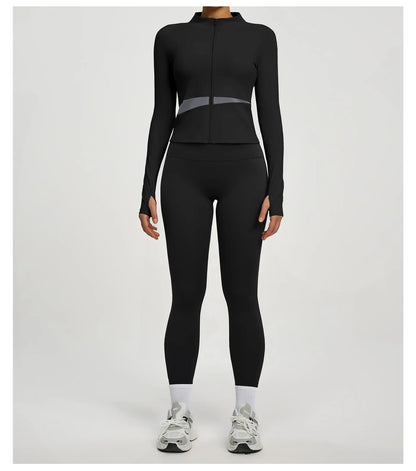 Conjuntos de yoga con contraste de colores para mujer, chaqueta deportiva de manga larga sin costuras con cremallera, leggings adelgazantes de cintura alta, chándal de fitness