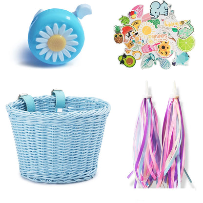 Conjunto de cesta de bicicleta para niños, timbre, borla y pegatinas. Cesta de bicicleta de ratán tejida a mano para manillar delantero. Accesorios de ciclismo.