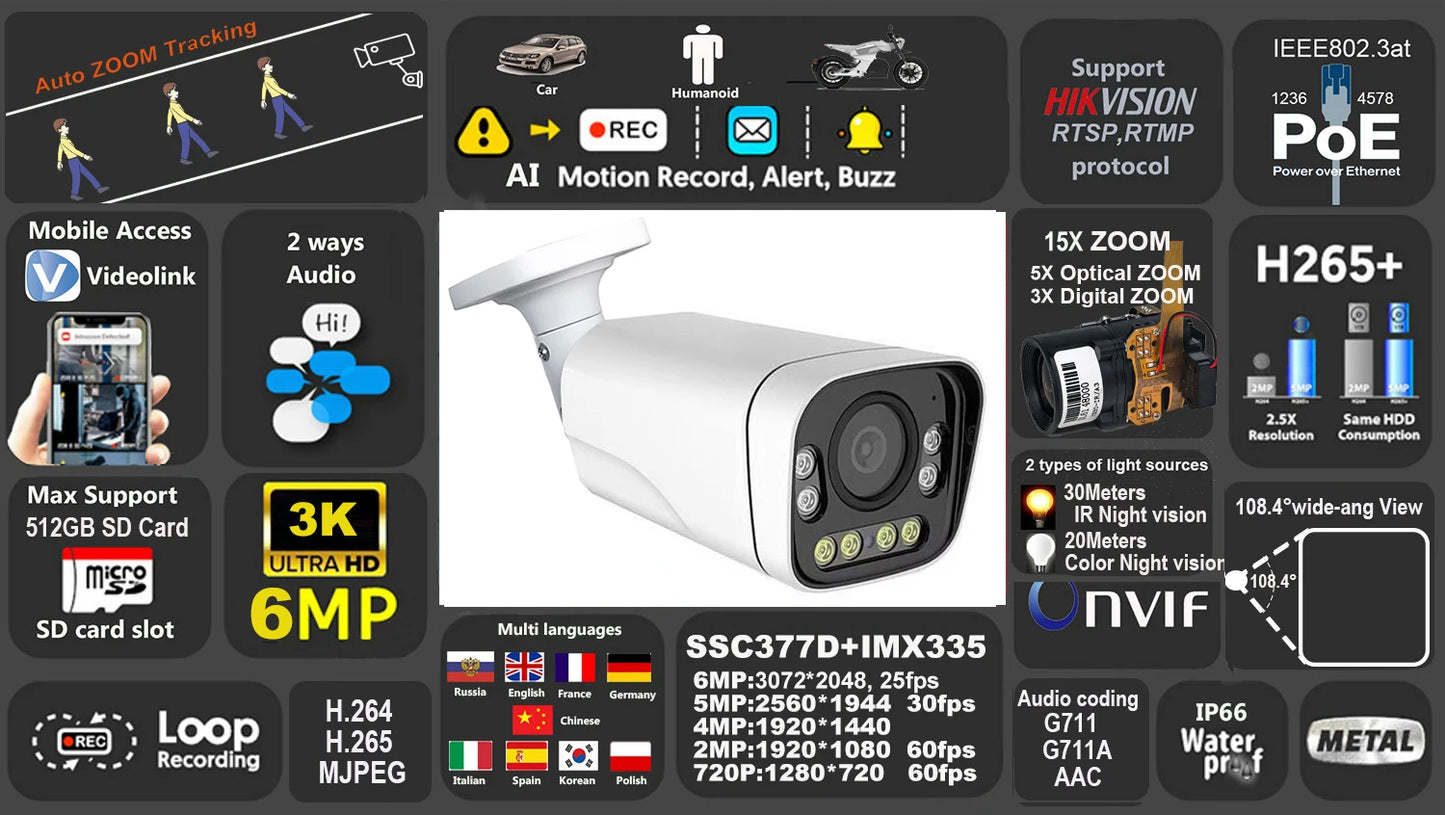 Cámara IP 4K 8MP WIFI con zoom 15x, seguimiento, PoE, protocolo RTMP Hikvision, tarjeta SD/TF de 512 GB, infrarrojos de 30 m, visión nocturna a color de 20 m