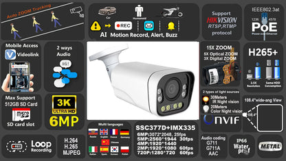Cámara IP 4K 8MP WIFI con zoom 15x, seguimiento, PoE, protocolo RTMP Hikvision, tarjeta SD/TF de 512 GB, infrarrojos de 30 m, visión nocturna a color de 20 m