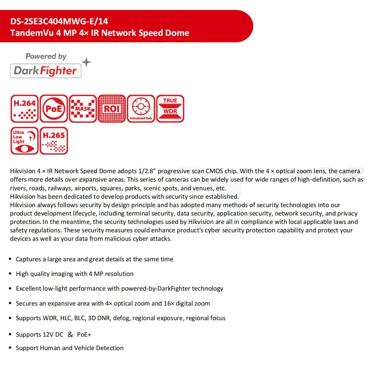Cámara de red PTZ DarkFighter Hikvision DS-2SE3C404MWG-E/14 TandemVu original de 4MP+4MP con zoom óptico 4x y zoom digital 16x, infrarrojos y PoE.