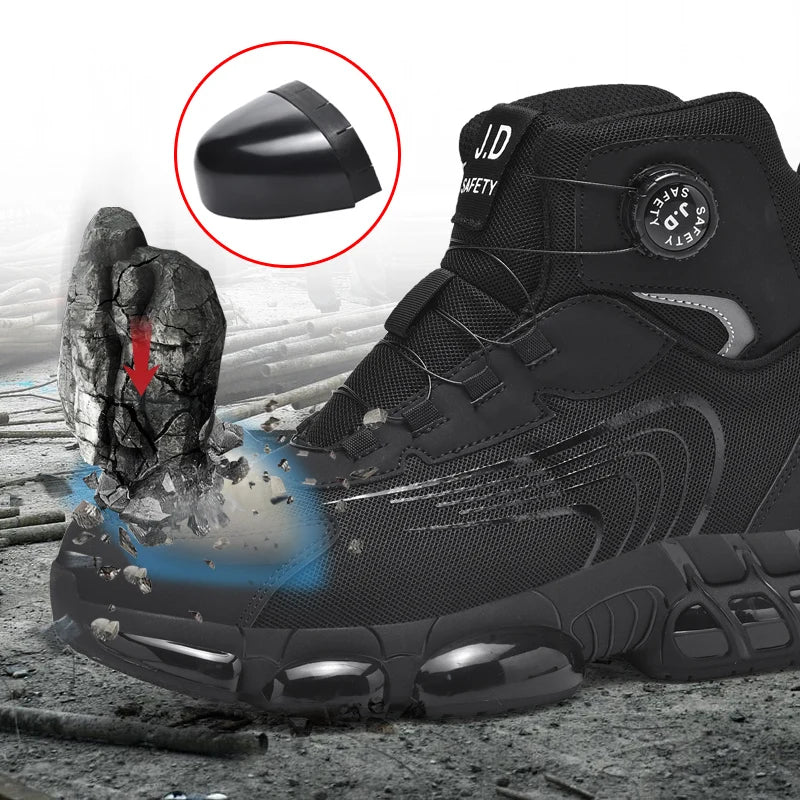 Zapatos de seguridad de caña alta para hombre con botón giratorio, resistentes a impactos y perforaciones, zapatillas de moda para hombre, calzado de seguridad profesional.