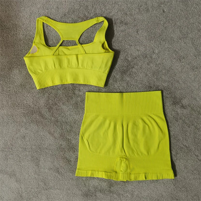 Conjunto de yoga fitness sin costuras para mujer, ropa deportiva de cintura alta, leggings, pantalones cortos de dos piezas, ropa de gimnasio para mujer