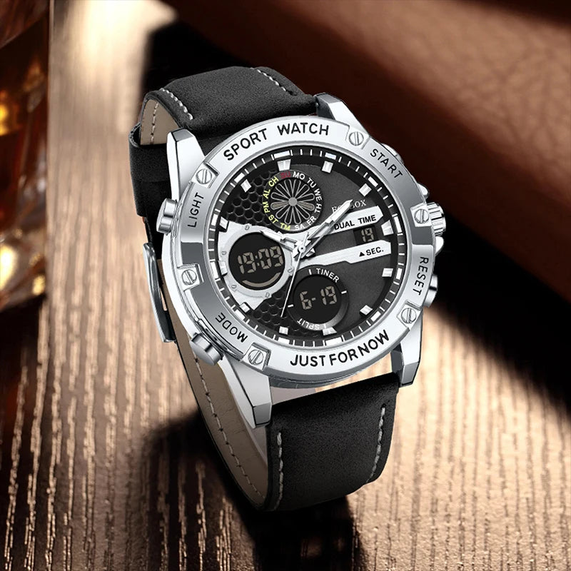 FOXBOX Relojes de lujo de moda para hombre, reloj de pulsera luminoso resistente al agua con fecha y doble horario para hombre, relojes de cuarzo para hombre, relojes masculinos