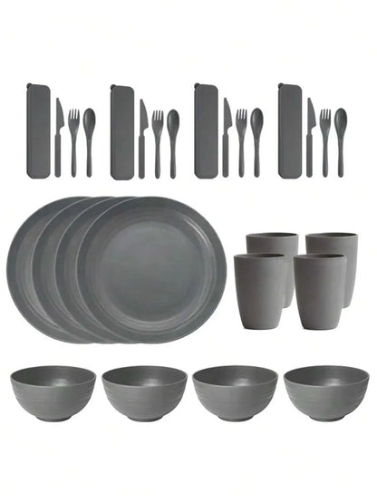 Juego de vajilla de plástico PP de 7/28 piezas, reutilizable, plato de cena, tazón de cereal, taza, juego de cubiertos para reuniones de fiestas en hoteles en casa