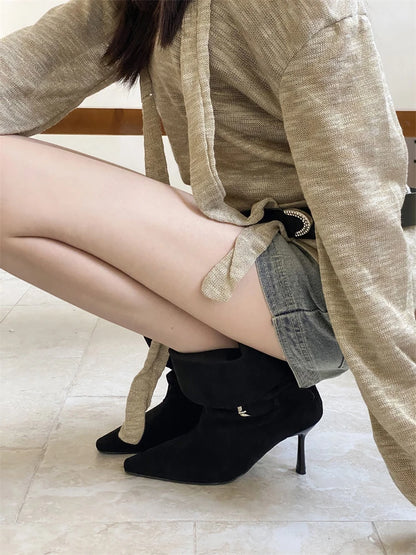 Eilyken Street Style Sexy Thin Heels Women Ankle Boots Punk Pleated Buckle Strap Booties Stripper Party Shoes Zapatos De Mujer