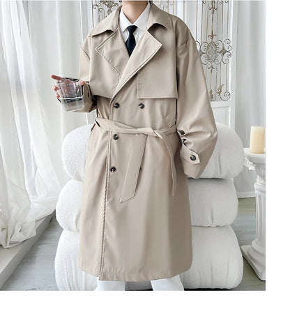 Gabardina de hombre, corte ajustado, cruzada, con cinturón, cortavientos, solapa, chaqueta larga, informal, impermeable, tallas M-5XL