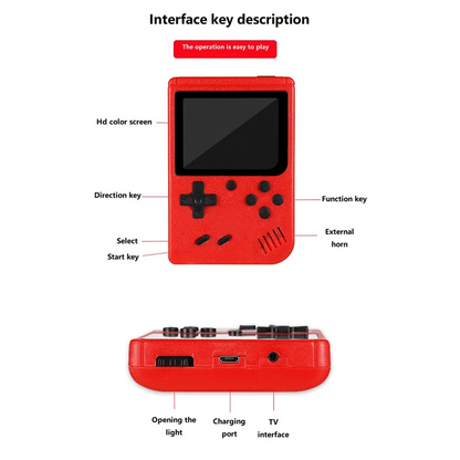 Una pequeña consola de juegos portátil para niños con juegos clásicos retro rojos con cientos de juegos que se pueden cargar y se pueden conectar al televisor.
