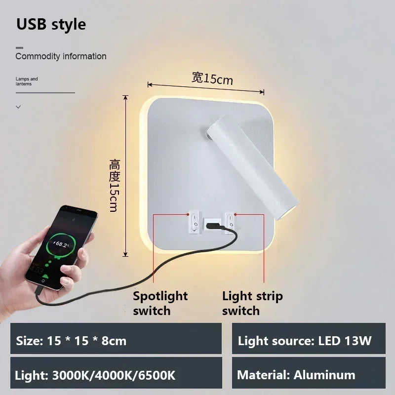 Lámpara de pared LED, luz de lectura, dormitorio, teléfono, carga inalámbrica, carga USB, luces de pared giratorias, lámpara de lado para sala de estar
