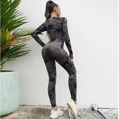 Conjunto de 2 piezas de yoga y gimnasio para mujer, con sujetador deportivo y camiseta de manga larga, leggings con cintura alta, chándal deportivo de moda para niñas.