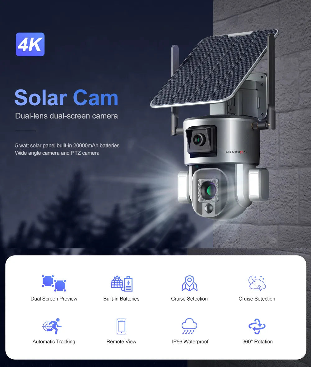 Cámara solar LS VISION 4K de 8 MP para exteriores con doble lente, 4G/WiFi, doble pantalla, zoom óptico 4X/10X, seguimiento humanoide y cámara de seguridad PTZ.