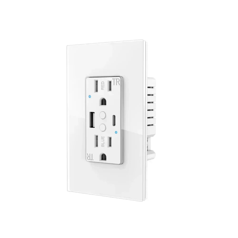 Enchufe inteligente de pared Melery Tuya WIFI para EE. UU. con doble salida, USB tipo C, carga rápida PD de 20 W, cristal, control remoto compatible con Alexa y Google Home.