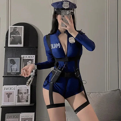 Plus Size Sexy Policewomen Costume Cop Police Cosplay Outfit Zip Crotch Bodysuit Lingerie Role Play Harness Officer Uniform