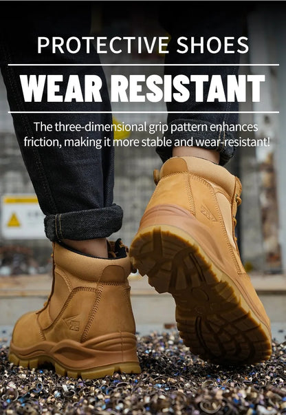Botas de seguridad de lujo de caña alta en piel de vacuno para hombre, con puntera de acero, protección antiimpactos y antipinchazos, resistentes al desgaste.