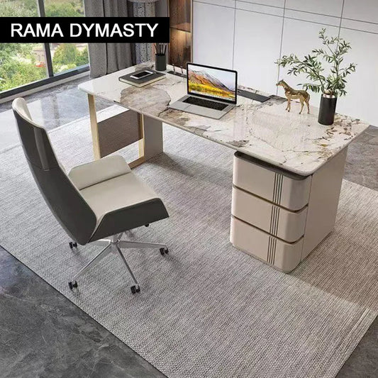 Escritorio beige moderno de madera con 3 cajones y pedestal doble para oficina en casa
