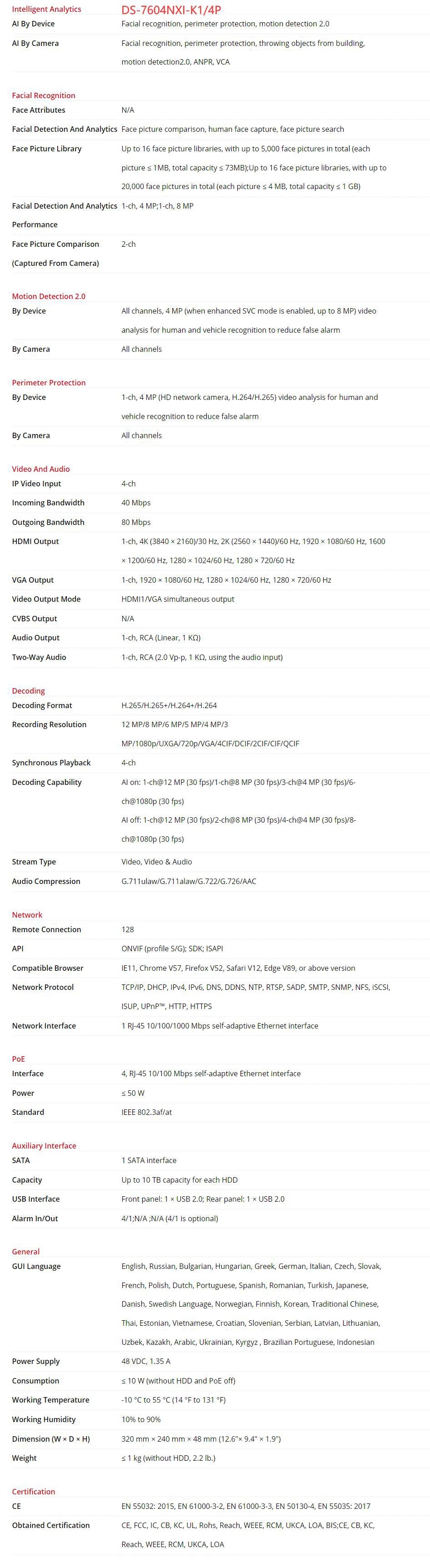 Grabador de vídeo en red Hikvision DS-7604NXI-K1/4P DS-7608NXI-K1/8P 4K 4/8 canales 4/8 PoE Acusense 1 SATA NVR 8MP H.265+ Vigilancia