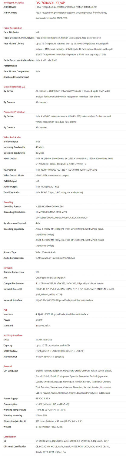 Grabador de vídeo en red Hikvision DS-7604NXI-K1/4P DS-7608NXI-K1/8P 4K 4/8 canales 4/8 PoE Acusense 1 SATA NVR 8MP H.265+ Vigilancia