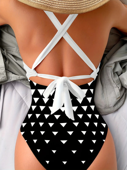 Traje de baño de moda Luxy Trio en blanco y negro para mujer, de comercio exterior, de fábrica, sin espalda, con estampado de triángulos a cuadros, ajustado, estilo coreano.