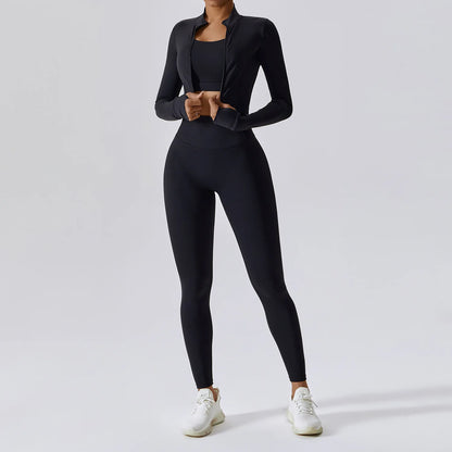 Conjunto de yoga de 3 piezas para mujer, conjuntos de entrenamiento, ropa deportiva para gimnasio, ropa deportiva con cremallera, leggings de manga larga y cintura alta, trajes deportivos, traje de yoga