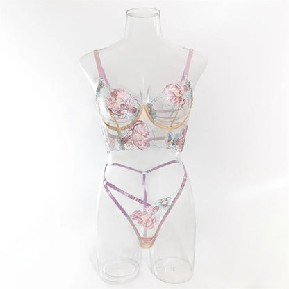 Conjuntos de lencería sexy con bordado floral para mujer, conjunto de sujetador y tanga de encaje transparente, conjuntos sensuales y delicados, ropa de juego para parejas