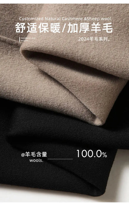 2024 Winter New Men's Hoodie Medium Long Woolen Coat Rabbit Plush Thick Warm Casual Coat High end Fabric 100% Pure Wool