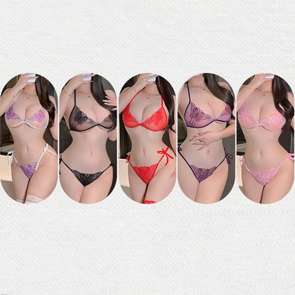 Sexy Lace-up Lingerie Set Women Hot Exotic Open Crotch Transparent Underwear G-string Bandage Bikini Three-point Set