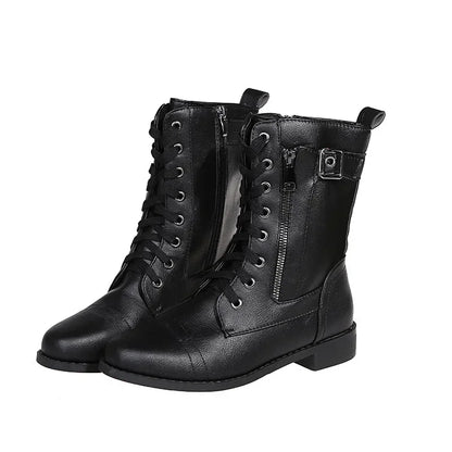 Botines de tacón cuadrado para mujer, botas de trabajo cortas de piel sintética para otoño e invierno, botas elásticas con cordones de talla grande para mujer 2024