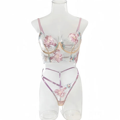Conjuntos de lencería sexy con bordado floral para mujer, conjunto de sujetador y tanga de encaje transparente, conjuntos sensuales y delicados, ropa de juego para parejas