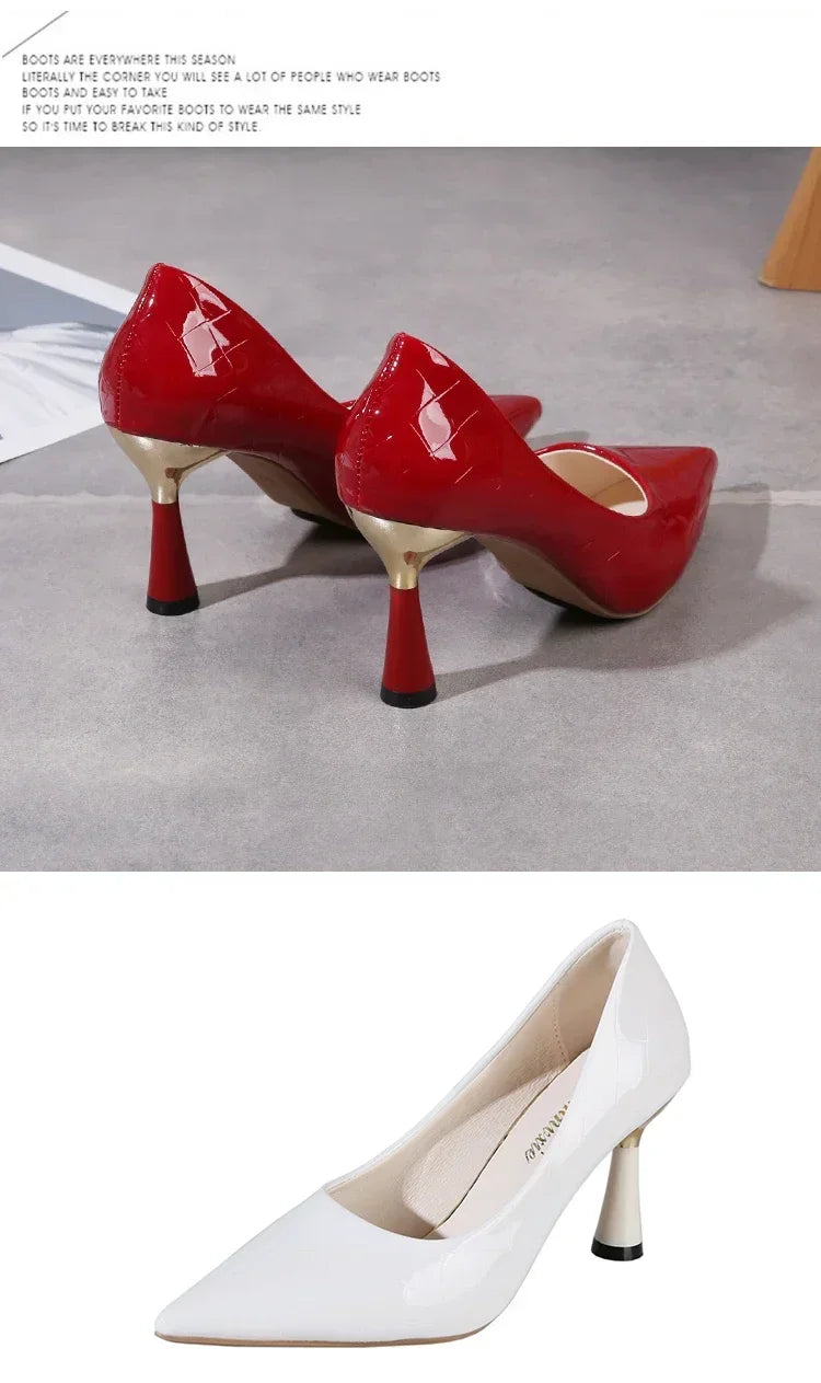 Zapatos Mujer 2024 Tendencia Nuevo Verano Tacones Rojos Elegante Mujer Tacón Negro Punta Puntiaguda Zapatos de Vestir Cuero Blanco Zapatos de Dama