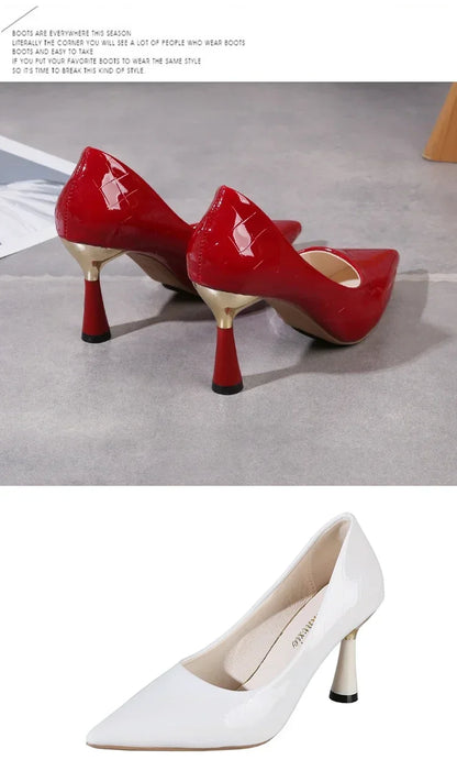 Zapatos Mujer 2024 Tendencia Nuevo Verano Tacones Rojos Elegante Mujer Tacón Negro Punta Puntiaguda Zapatos de Vestir Cuero Blanco Zapatos de Dama