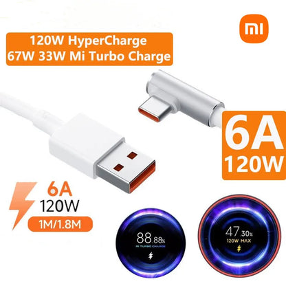 Cargador USB súper rápido original Xiaomi de 120 W y 6 A para Mi 12, 11, POCO X5, X4 Pro, Redmi Note 8, 9, 10 y 11. Cable de carga USB-C de 90 grados.
