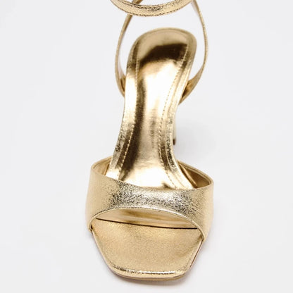 Sandalias de tacón alto con hebilla en el tobillo de charol dorado para mujer, zapatos sexis de punta cuadrada y punta abierta, zapatos de verano a la moda para fiesta y oficina.