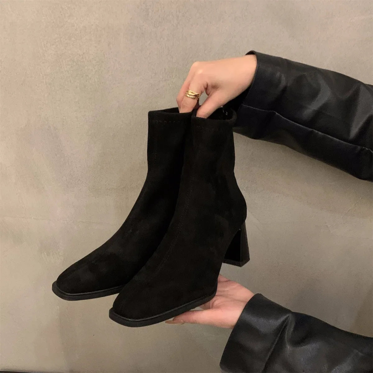 Vintage Women Ankle Boots 2024 Fashion Square Toe Thick High Shoes Autumn Winter New Ladies Elegant Stretch Slim Short Booties