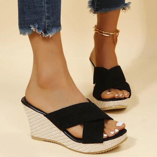 Sandalias de tacón alto de lujo para mujer, sandalias de cuña con alpargatas, zapatos de plataforma con punta abierta, sandalias deslizantes para exteriores
