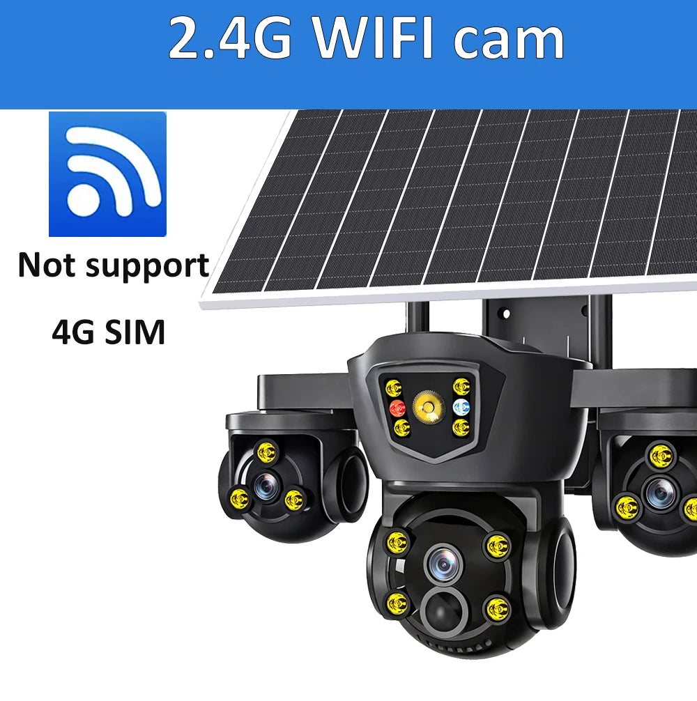 Cámara solar inalámbrica WiFi DIFANG V380 Pro para exteriores con tres pantallas, tarjeta SIM 4G y batería. Sistema de videovigilancia solar con tres lentes y batería.
