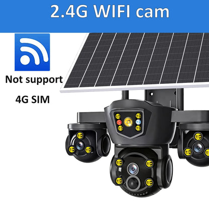 Cámara solar inalámbrica WiFi DIFANG V380 Pro para exteriores con tres pantallas, tarjeta SIM 4G y batería. Sistema de videovigilancia solar con tres lentes y batería.
