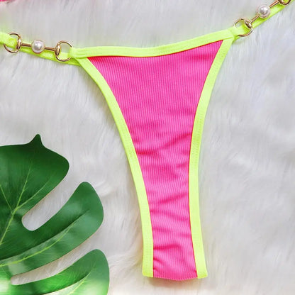 Bikini sexy con cuello halter y perlas para mujer, traje de baño femenino de dos piezas con ribete acanalado