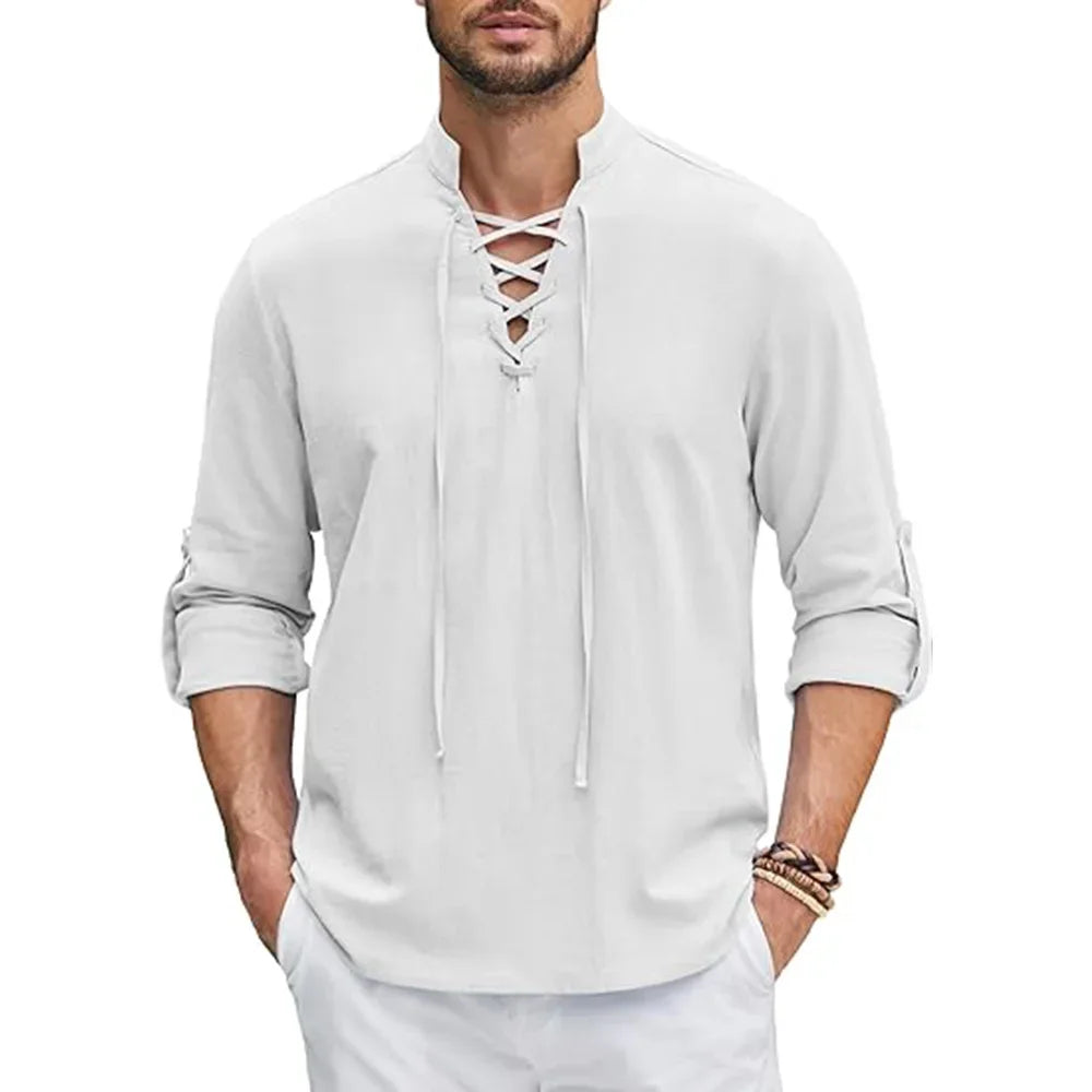 Camisa renacentista para hombre, estilo pirata medieval vikingo, de algodón y lino, manga larga, ideal para disfraz de Halloween.