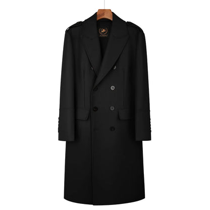 Worsted pure wool coat for men super long, knee length double breasted thickened and warm classic business wool coat for men