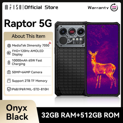 Smartphone resistente IIIF150 Raptor 5G con Android 14, pantalla AMOLED de 6,78" y 120 Hz, 16 GB de RAM + 512 GB de almacenamiento, cámara de 50 MP, batería de 10000 mAh y 65 W.