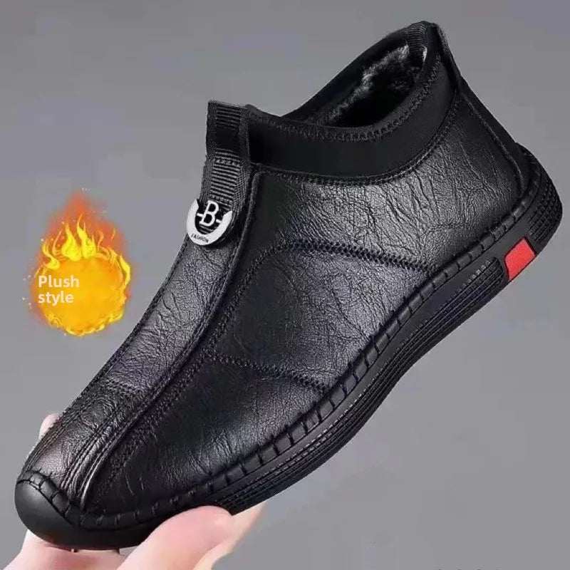 Zapatos casuales de cuero para hombre, ligeros, antideslizantes, de suela suave, sin cordones, con forro polar, cálidos, para conducir, transpirables, para verano