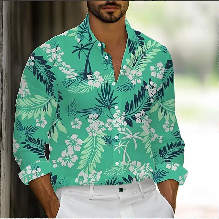 Camisa de hombre abotonada, estilo casual, primavera/verano, estampado 3D de hojas y flores, manga larga, cómoda y a la moda para el día a día.