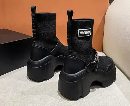 Botines de plataforma alta de 8 cm para mujer, botas cortas con suela gruesa y suela gruesa, antideslizantes, para motocicleta, para otoño