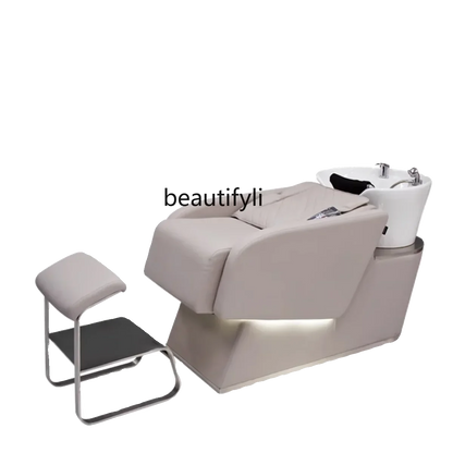 Cama de champú con masaje automático para barbería, lavabo de cerámica con descarga.