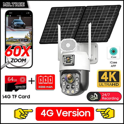 Cámara de seguridad exterior solar 4K con SIM 4G, 2 lentes/pantalla, zoom óptico 60x, seguimiento automático, PTZ 360°, videovigilancia doméstica IP.